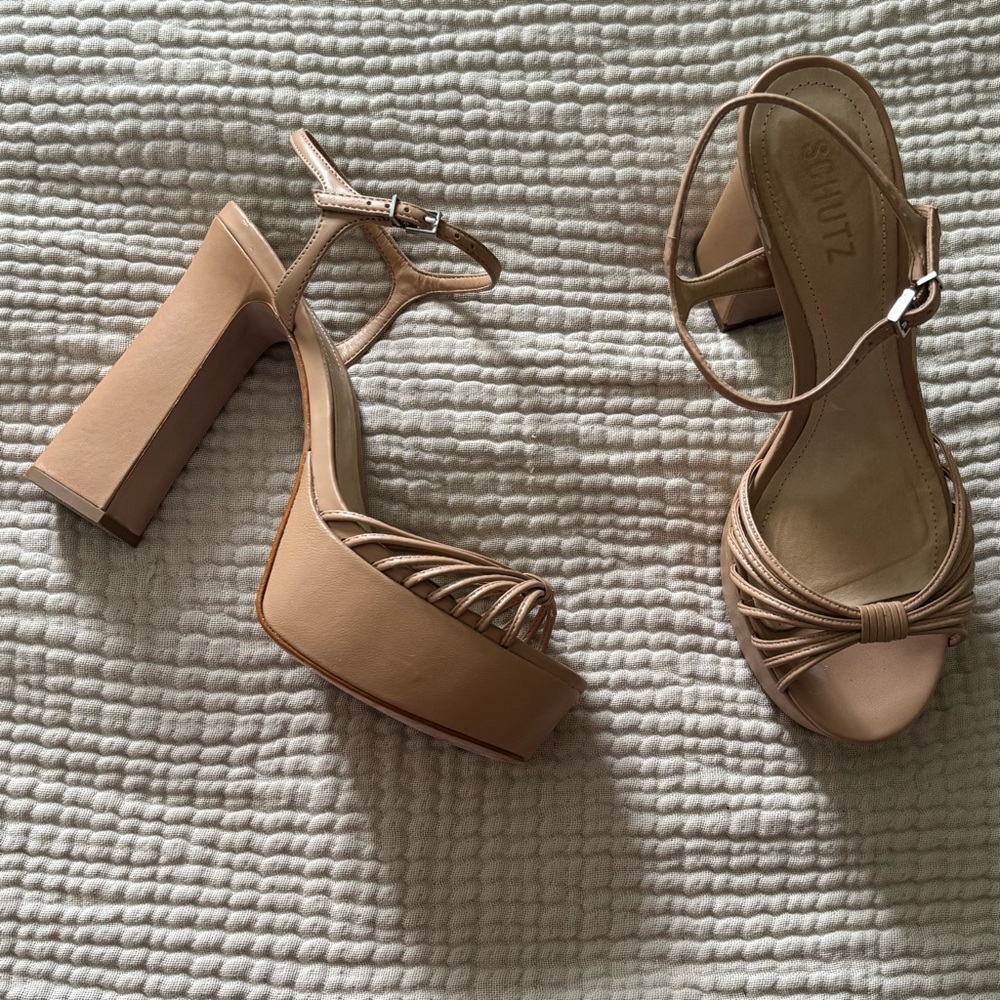 Schutz YANNA beige leather strappy block heel platform with ankle strap size 9.5